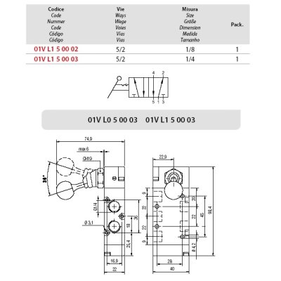 ventil A1MA251LL 5/2 páčka 90° s aretací - obrázek
