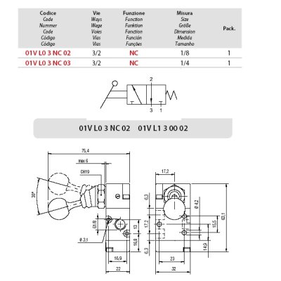 ventil A1MA130LL 3/2 páčka 90° bez aretace IG 1/8" mo - obrázek