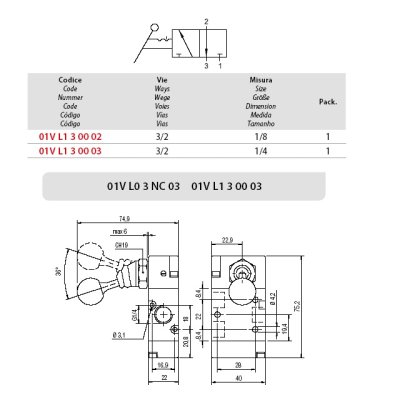 ventil A1MA130LL 3/2 páčka 90° bez aretace IG 1/8" mo - obrázek