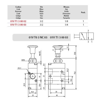 ventil pneu mech. tlačítko  3/2NC G1/8 monostab.AIGNEP 01VT03NC02 - obrázek