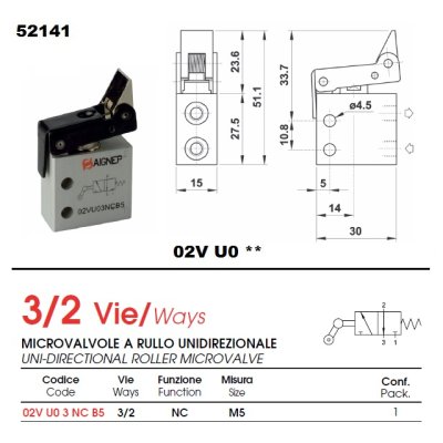 ventil pneu mech. narážkový  MICRO 3/2NC M5 mono.-panel  02VE03NC B5 - obrázek