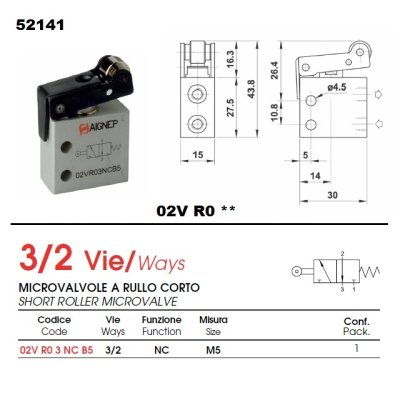 ventil pneu mech. narážkový  MICRO 3/2NC M5 mono.-panel  02VE03NC B5 - obrázek