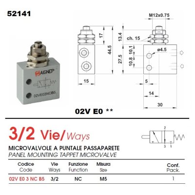 ventil pneu mech. narážkový  MICRO 3/2NC M5 mono.-panel  02VE03NC B5 - obrázek