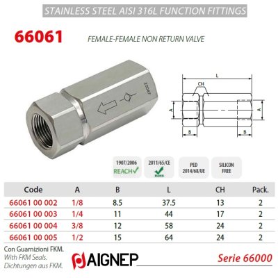 ventil zpětný FF 6602-1/8ii nerez  0,3 -25 Bar - obrázek